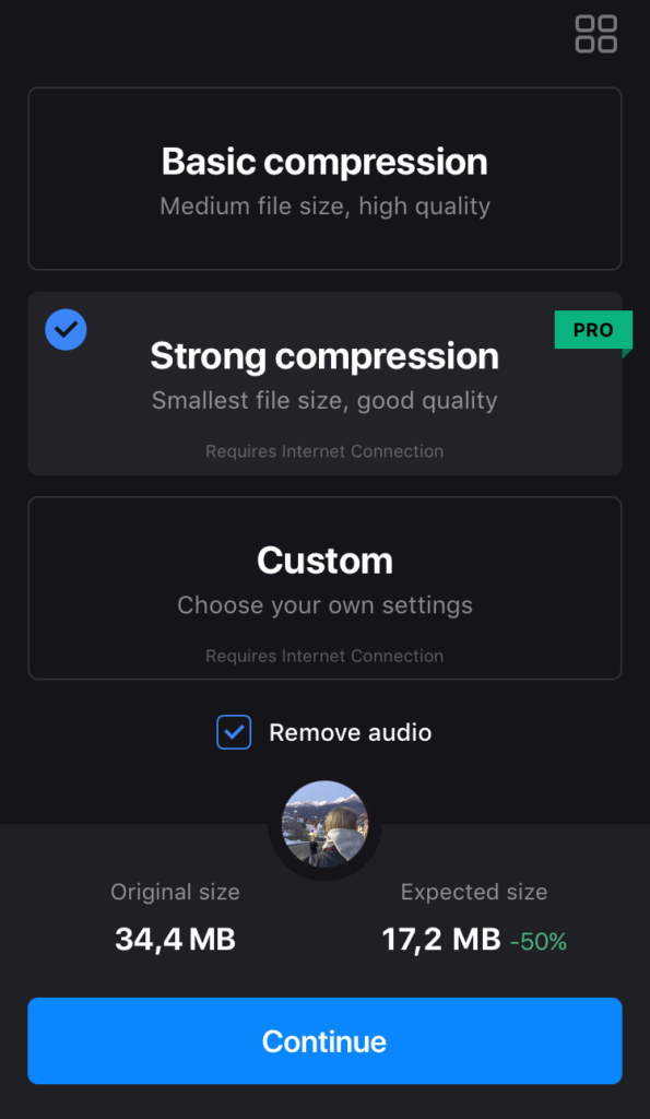Screenshot of a file compression app interface showing options for basic, strong, and custom compression, with strong compression selected, displaying original and expected file sizes.