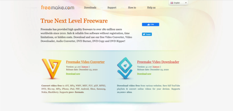 Screenshot of the freemake.com website displaying multimedia software including Freemake Video Converter, Freemake Video Downloader, and Biteable Video Maker.