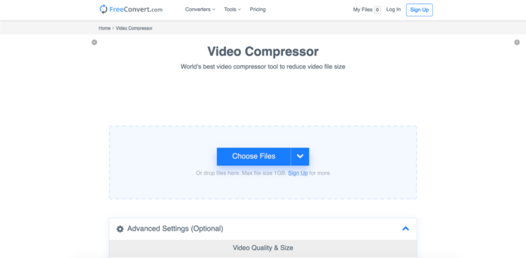 Web page interface of a video compression tool with a "choose files" button for uploading files.