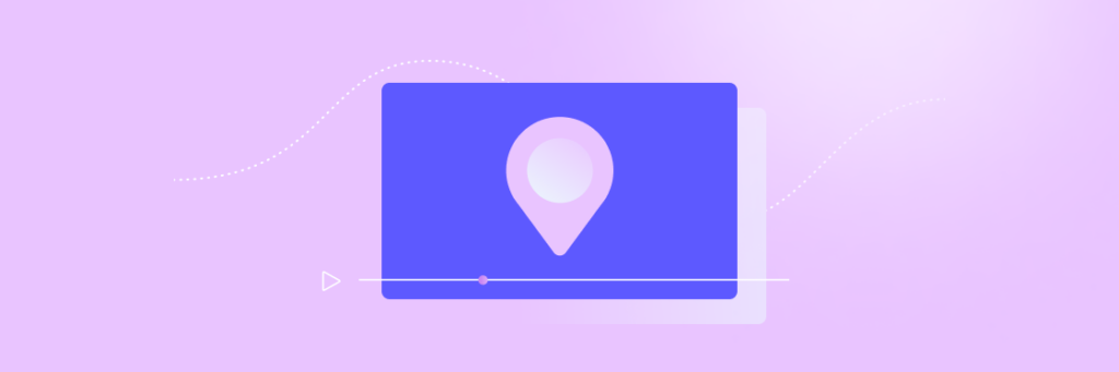 A digital graphic of a location pin icon on a blue laptop screen against a purple background with Biteable video maker decorative lines.
