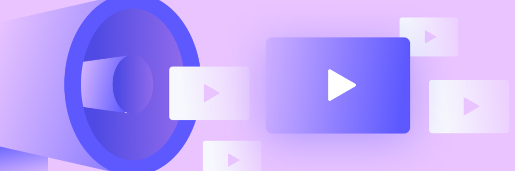 An abstract illustration with a large central purple-blue circle and smaller squares with play icons, all set against a gradient purple background.