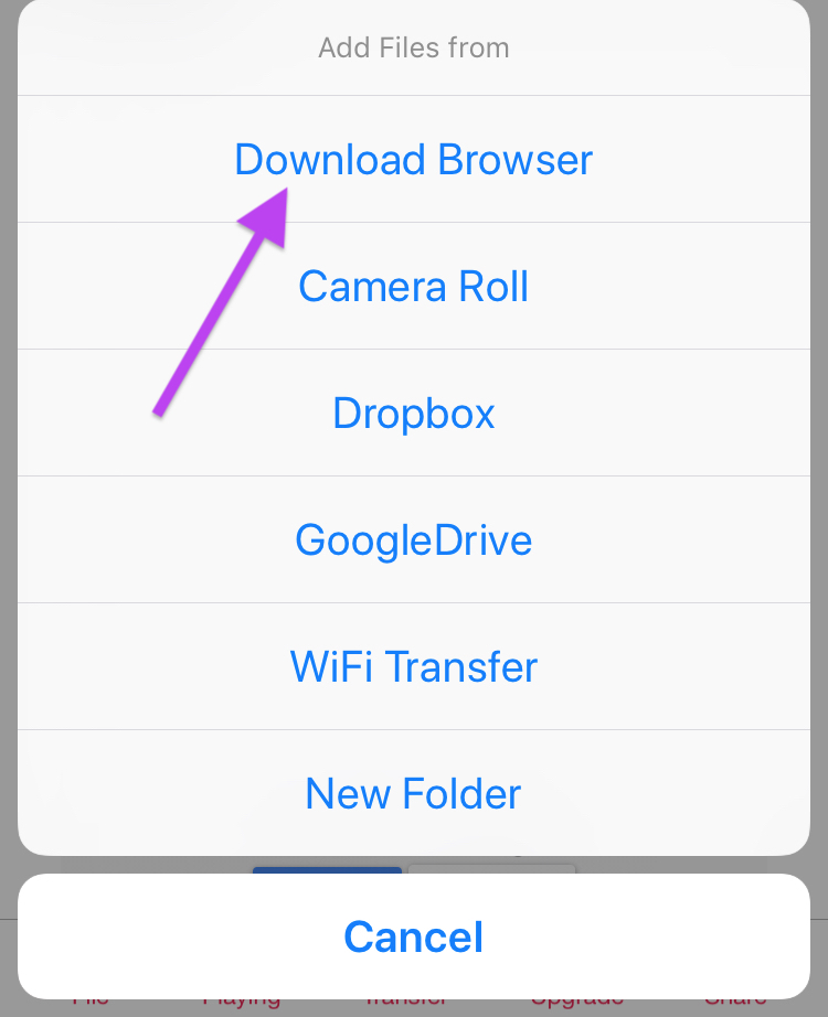 A screenshot of a file upload menu with options like "camera roll," "Dropbox," "Google Drive," and "Biteable video maker," highlighted by an arrow pointing to "camera roll.