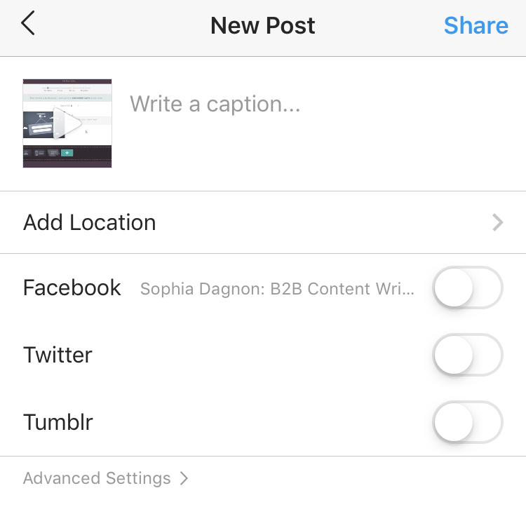 Screenshot of a social media interface for creating a new post with Biteable video maker, with options to add a caption and share to Facebook, Twitter, and Tumblr.