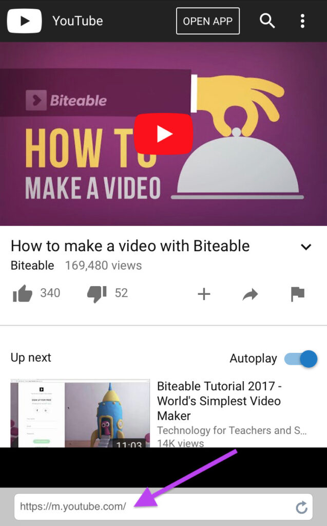 Screenshot of a Biteable video maker thumbnail titled "how to make a video with biteable" showing a stylized hand lifting a cloche, with view count and like buttons displayed.