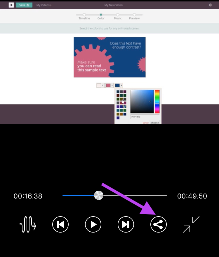 Screenshot of the Biteable video maker interface showing color adjustment tools and a timeline with a video preview above.