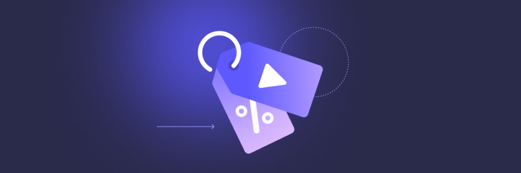 A stylized graphic of a purple tag with a white Biteable video maker icon, surrounded by a circular arrow, against a dark blue gradient background.