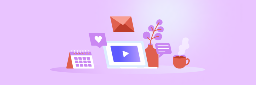 Digital workspace concept with icons for email, calendar, video play button, and a cup of coffee on a purple background.