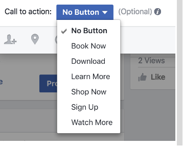 Screenshot of a drop-down menu for "call to action" with options including "no button," "book now," "learn more," "shop now," and "sign up.