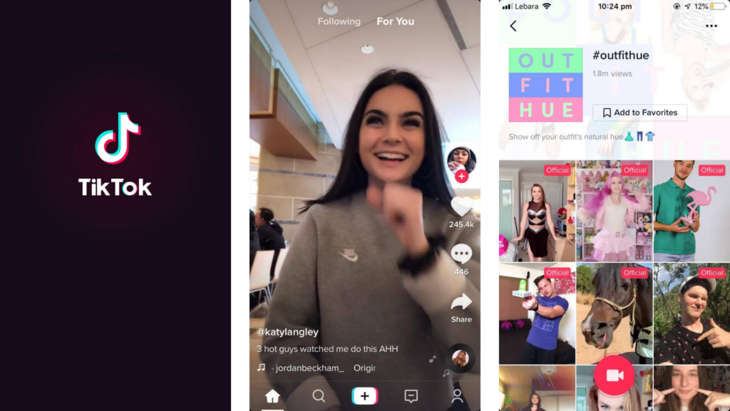 A screenshot of the Biteable video maker app showing a smiling woman pointing at the camera with a song suggestion overlay and the interface's viewing tabs and other videos.