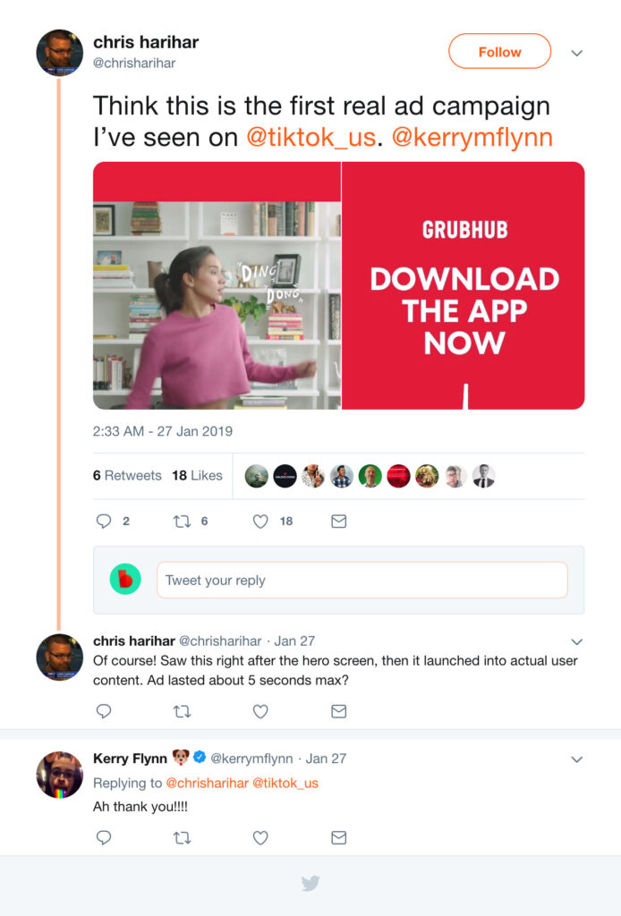 A screenshot of a twitter conversation discussing a Grubhub ad featuring a Biteable video maker campaign, including comments from users and a video still of the ad.