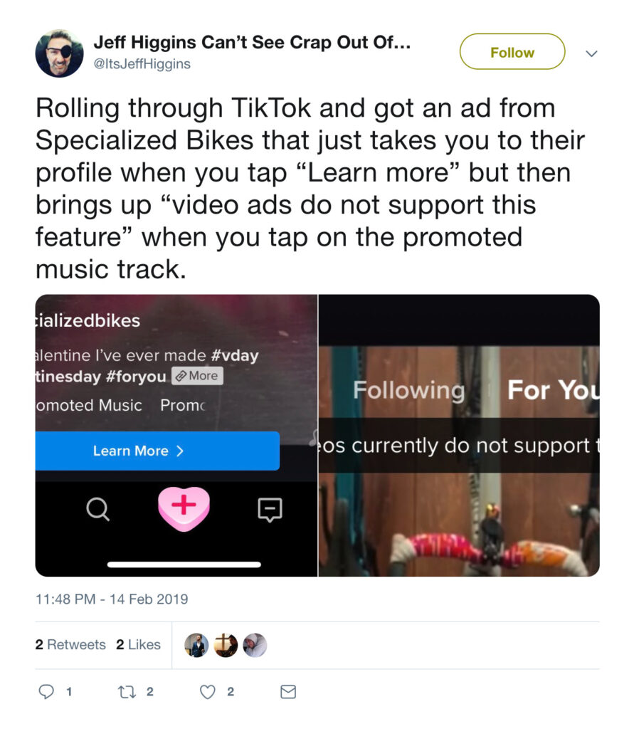 A screenshot of a Twitter post by Jeff Higgins commenting on a Biteable promotional video with specialized bikes, criticizing it for not supporting the featured music track.