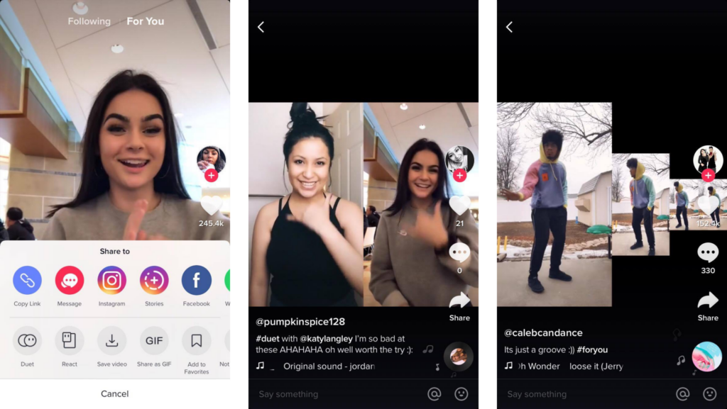 Three screenshots of Biteable video maker on a social media app featuring videos: a woman smiling, two women posing together, and a man dancing outdoors.