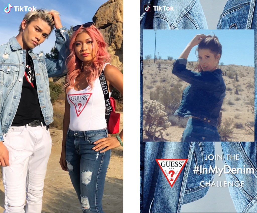 Split image featuring two TikTok promotions created with Biteable video maker: on the left, a young man and woman in stylish denim outfits; on the right, a woman posing in a desert, all