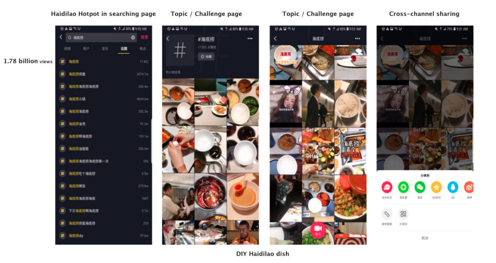 Screenshots of a mobile app featuring haidilao hotpot, including search results, food challenges, shared posts, and a Biteable video maker page.