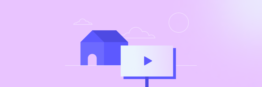 Vector illustration of a stylized blue house with a play button signpost on a purple background with clouds.