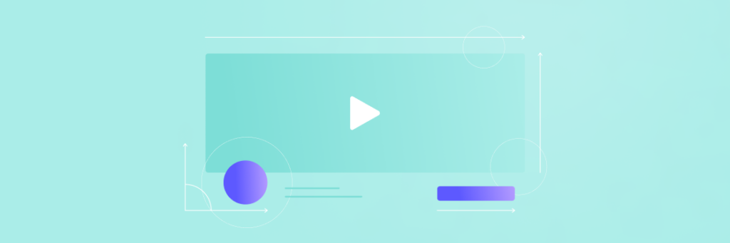 Illustration of a Biteable video player interface with a large play button in the center on a light teal background, surrounded by abstract geometric shapes.