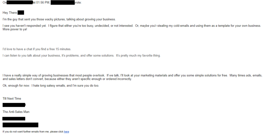 Email screenshot displaying a sales pitch with an informal and conversational tone.