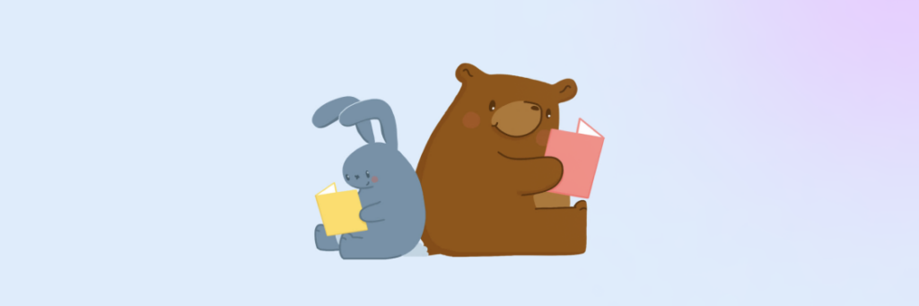 A bear and a rabbit reading books together.