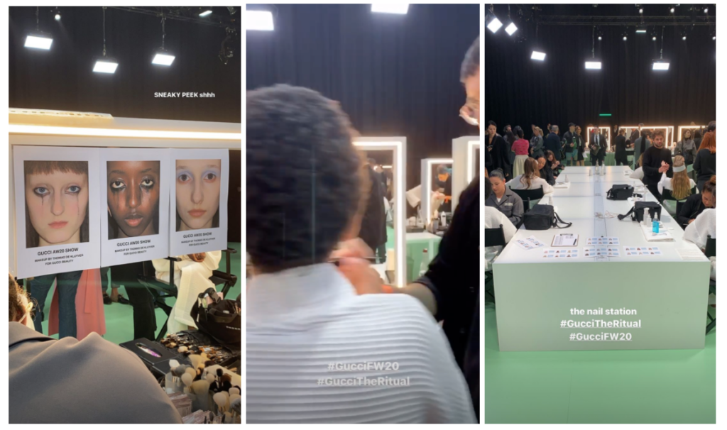 A collage of three photos from a fashion event, showing a sneak peek sign, audience members, and a nail station with branded hashtags.
