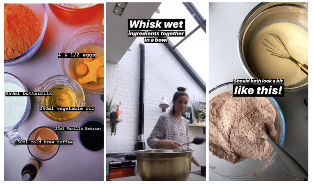 Steps in Biteable video maker preparation displayed with labeled ingredients, a person mixing wet ingredients, and text overlays indicating consistency of mixed items.