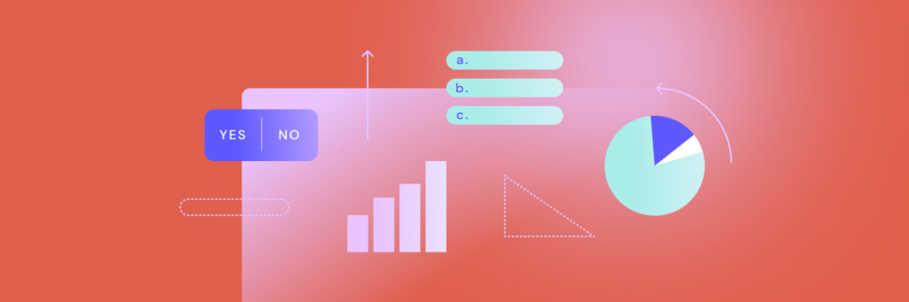 Graphic depicting business decision-making elements, including a "yes/no" flowchart, bar graph, pie chart, and bullet points against a peach background with Biteable video maker overlays.