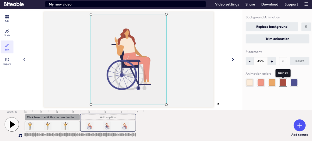 A digital illustration of a woman in a wheelchair is being edited in a video creation software interface.