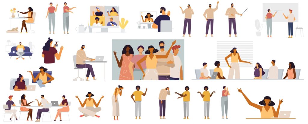 A collage of illustrations depicting diverse people engaged in various activities, such as working, socializing, and expressing different emotions.