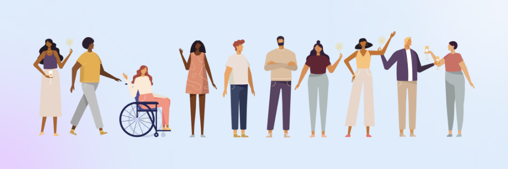 Illustration of a diverse group of people standing together, including an individual in a wheelchair, created with Biteable video maker.