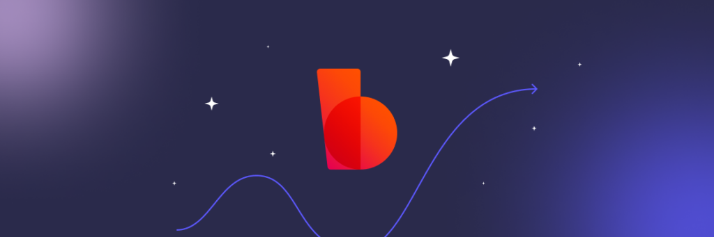A stylized red lowercase 'b' against a dark blue gradient background with abstract white star and line embellishments, created using Biteable video maker.