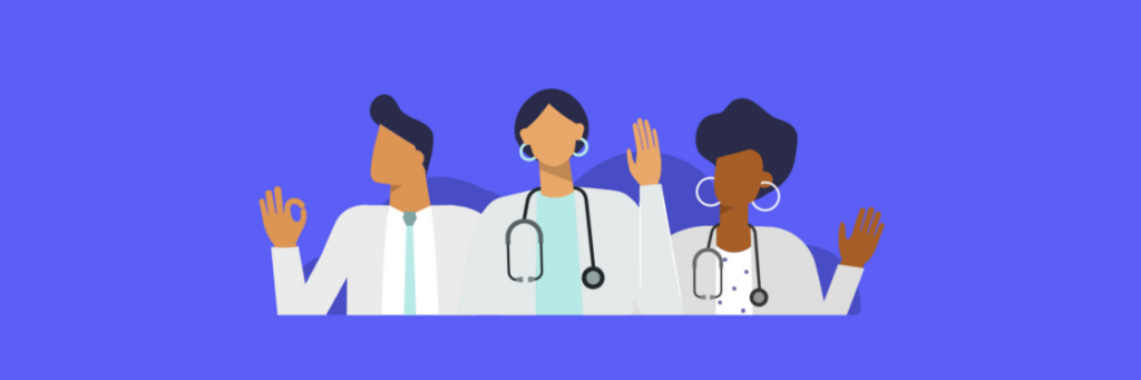 Three healthcare professionals with stethoscopes gesturing an oath or pledge in a Biteable video maker production.