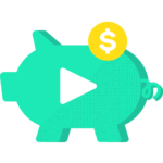 Turquoise piggy bank with a play button icon and a gold coin with a dollar sign indicating financial or savings-related online content.