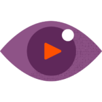 A stylized graphic of an eye with a play button icon in the pupil.