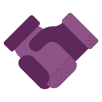Two purple handshake icons intersecting to form a partnership symbol.