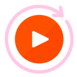 Stylized play button surrounded by a circular arrow, representing video replay or loop.