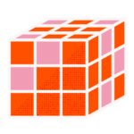 Illustration of a partially solved 3x3 rubik's cube with orange and pink colored stickers.