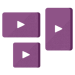 Three purple play button icons in various shapes and sizes.