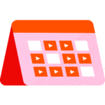 Illustration of a calendar with video play icons on several dates.