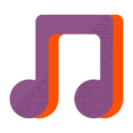 Orange musical note icon with purple shadow on a black background.