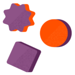 Three geometric shapes with dotted textures: a purple star, an orange circle, and a purple square.