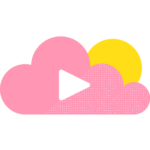 Illustration of a pink and white cloud with a play icon and yellow sun.
