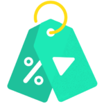 Two teal discount tags with a percentage sign and a triangle symbol attached by a yellow ring.