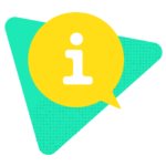 A stylized graphic of a yellow information symbol inside a speech bubble, overlaid on a teal background with a triangular design.