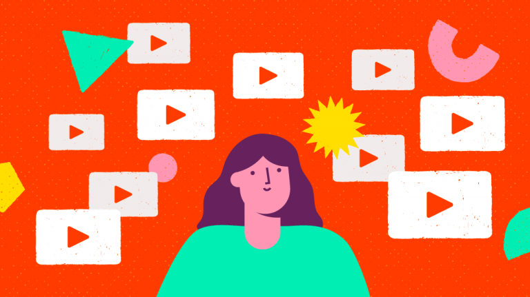 Illustration of a person with various video play icons and colorful shapes in the background.