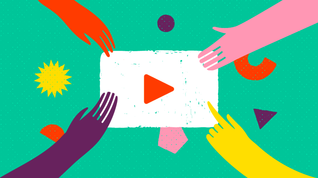 Colorful illustration of diverse hands reaching towards a central card with a play button, symbolizing collaboration or shared multimedia engagement.