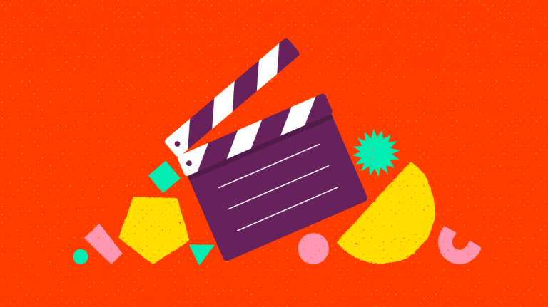 Illustration of a colorful clapboard surrounded by geometric shapes and confetti on an orange background, symbolizing a fun and creative approach to filmmaking or video production.