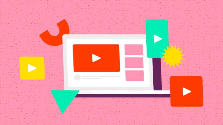 Graphic representation of online video content and streaming with colorful play buttons and shapes.