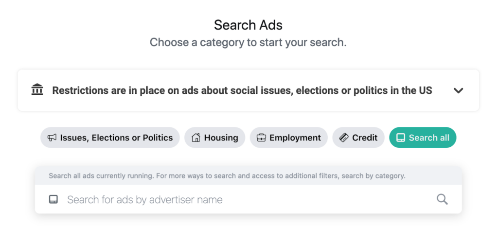 Interface of a "search ads" website with categories for housing, employment, credit, and issues, elections, or politics using the Biteable video maker to indicate restrictions in the US.