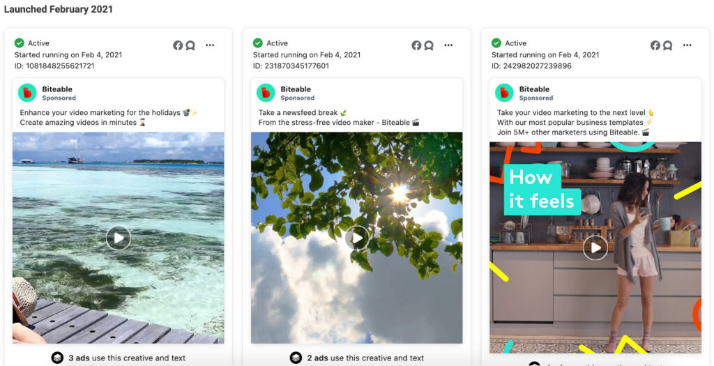 Three social media ad previews created using Biteable video maker, featuring a beach scene, sunlit leaves, and a woman working on a computer with text overlay.