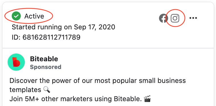 Screenshot of a user interface showing a green "active" status icon, a starting date, and an id number, with a sponsored post from Biteable video maker below.