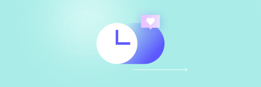 Graphic of a white circle with a clock icon merging into a purple circle with a heart symbol, against a light teal background with a minimal line and circle overlay, designed using Biteable video maker.